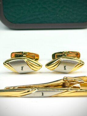 Vintage Yves Saint Laurent Gold Tone Sculptural Cufflinks & Tie Bar Set SS318